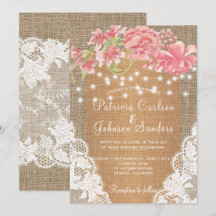 Invitation Feux de pivoine rose burlap et mariage de dentelle