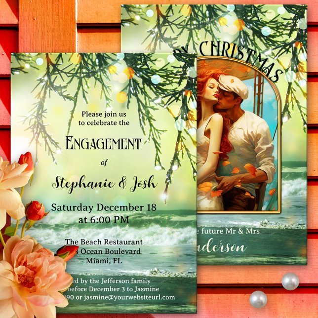 Invitation Feux éclatants Beach Photo Party (Festive photo engagement party invitation showing a beach with sparkling bokeh lights on pine twigs)
