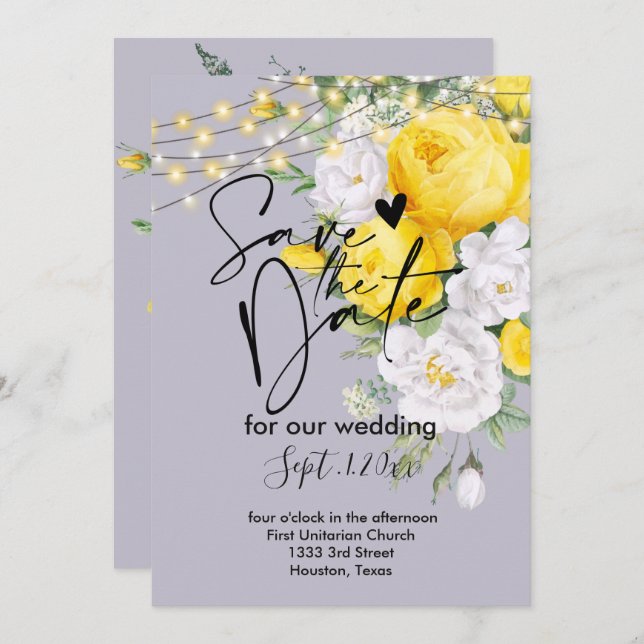 Invitation Feux rustiques Jaune enregistrer la date (Devant / Derrière)