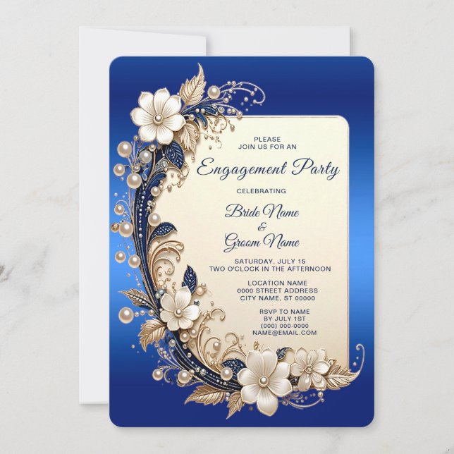 Invitation Fiançailles à embellissement floral bleu blanc (Devant)