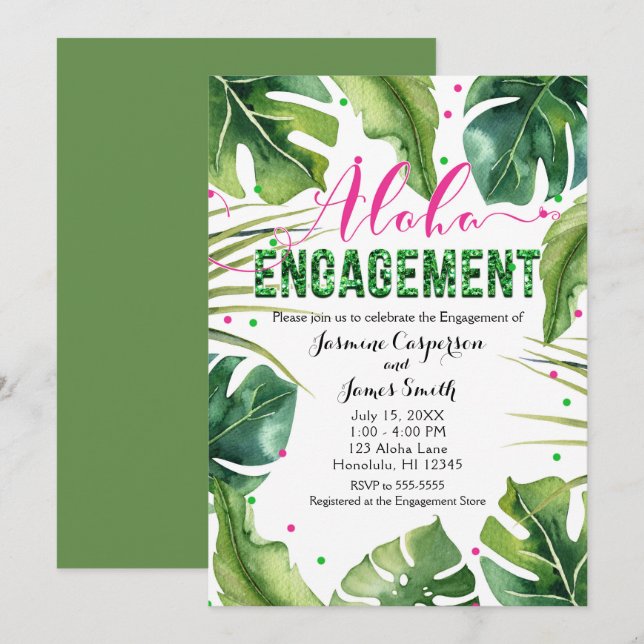 Invitation Fiançailles ALOHA Feuilles Tropicales Rose & Vert (Devant / Derrière)