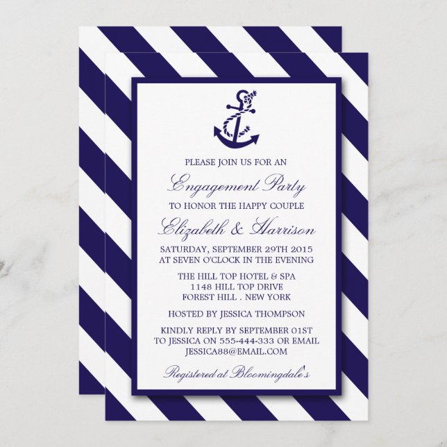 Invitation Fiançailles Ancre bleu marine (Devant / Derrière)
