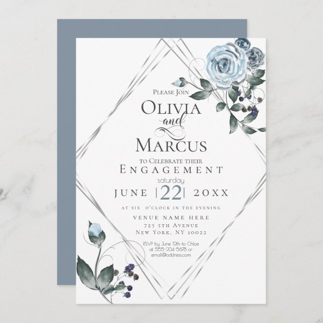 Invitation FIANÇAILLES | Aquarelle Bleu Dusty Floral Argent (Devant / Derrière)