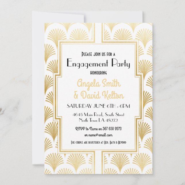 Invitation Fiançailles Art Déco Gatsby 1920 BLANC & OR (Devant)