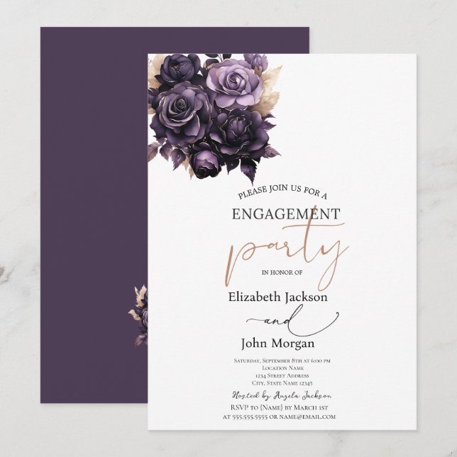 Invitation Fiançailles aux Élégantes Roses Violet Foncé (Devant / Derrière)