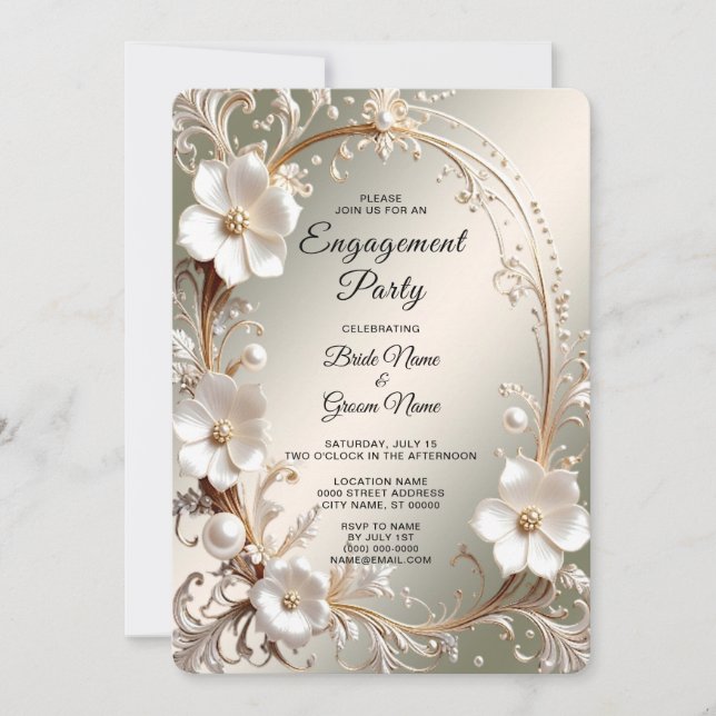 Invitation Fiançailles avec cadre floral blanc orné (Devant)