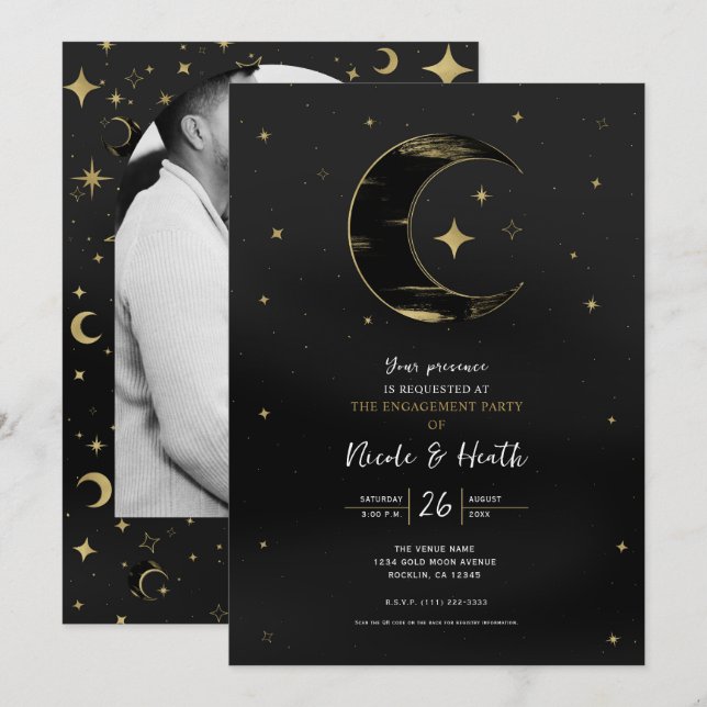 Invitation Fiançailles Black & Gold Modern Celestial Moon Sta (Devant / Derrière)