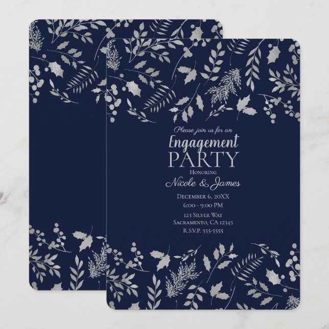 Invitation Fiançailles botaniques Bleu et feuilles d'argent d (Devant / Derrière)