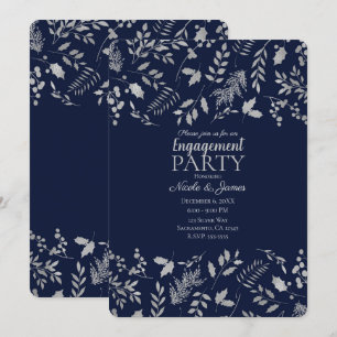 Invitation Fiançailles botaniques Bleu et feuilles d'argent d