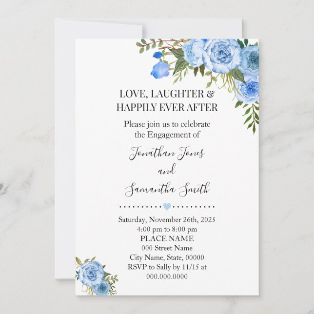 Invitation fiançailles chic de style boho floral bleu romanti (Devant)