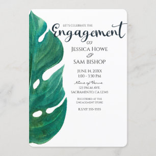 Invitation Fiançailles classique blanc et vert à feuilles tro