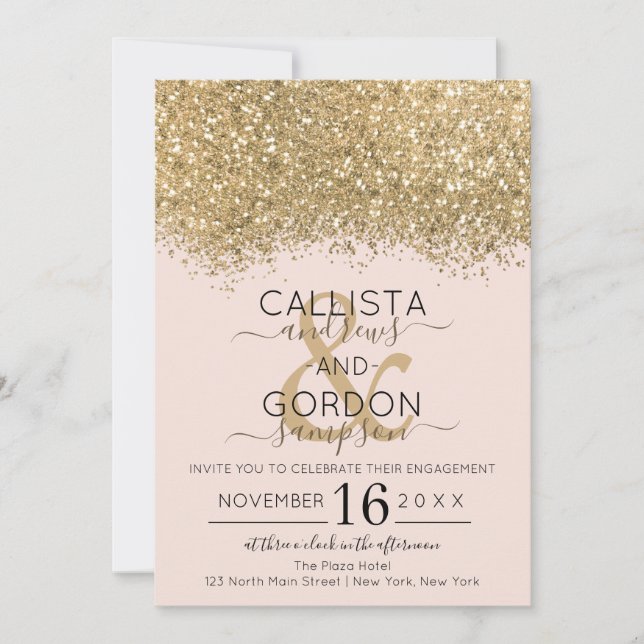 Invitation Fiançailles Confetti Parties scintillant Gold Rose (Devant)