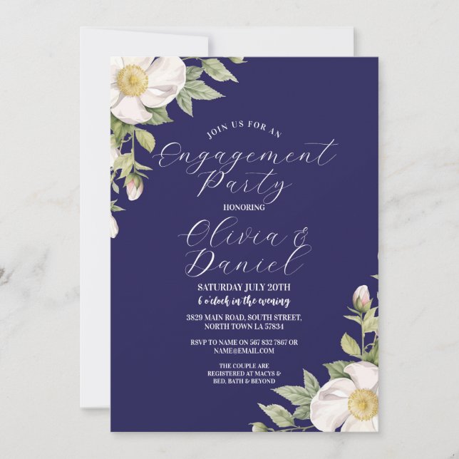 Invitation Fiançailles Couples Douche Marine Cream Florals (Devant)