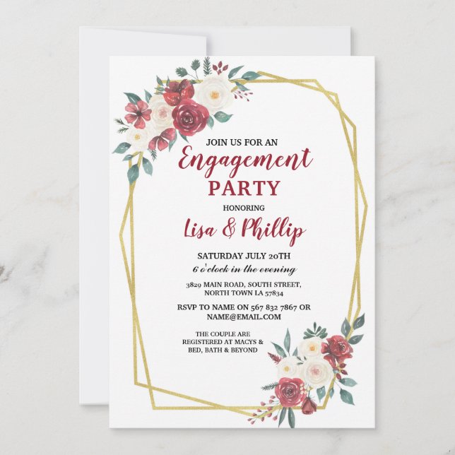 Invitation Fiançailles Couple's Shower Frame Gold Red (Devant)
