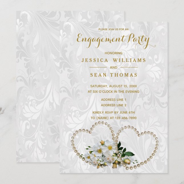 Invitation Fiançailles Damassé Perles Cœurs & Fleurs (Devant / Derrière)