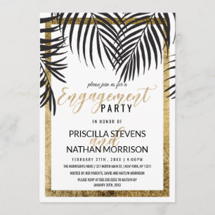 Invitation Fiançailles de bordure en or Black Palm Tree Frond