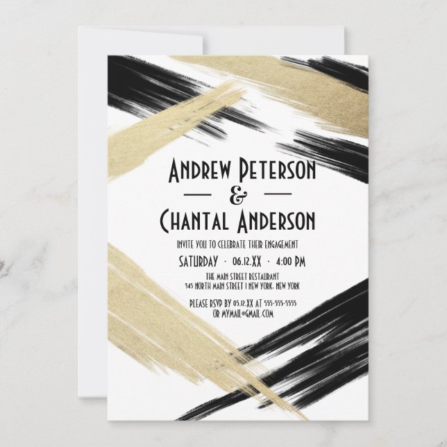 Invitation Fiançailles de broderie moderne Chic Black Gold (Devant)