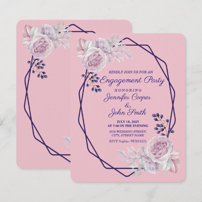 Invitation Fiançailles de cadre géométrique violet rose (Devant / Derrière)