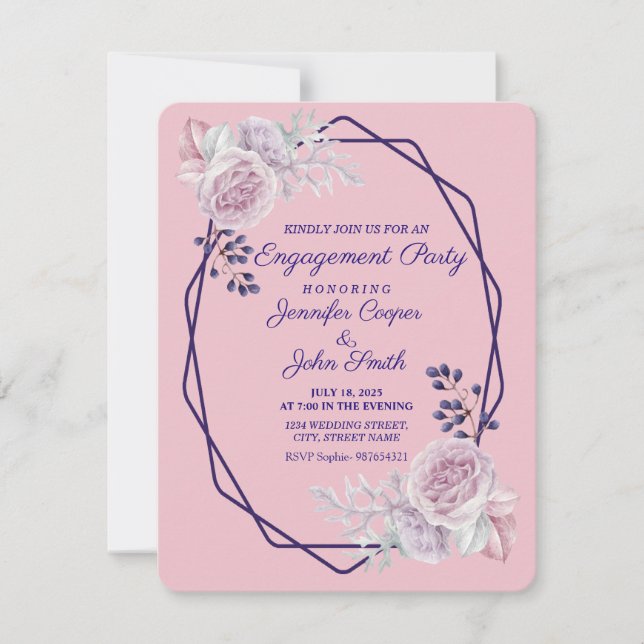 Invitation Fiançailles de cadre géométrique violet rose (Devant)