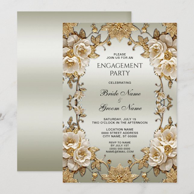 Invitation Fiançailles de fleurs blanches ornées dorées (Devant / Derrière)