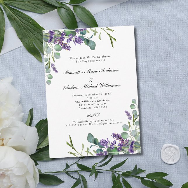 Invitation Fiançailles de fleurs botaniques à la lavande et à (Lavender Eucalyptus Floral Watercolor Elegant Formal Engagement Party Invitation)