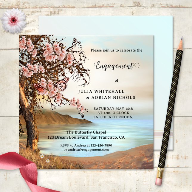 Invitation Fiançailles de fleurs de cerisier rose (Engagement invitation featuring a painting of an ocean with a cherry blossom tree and butterflies)