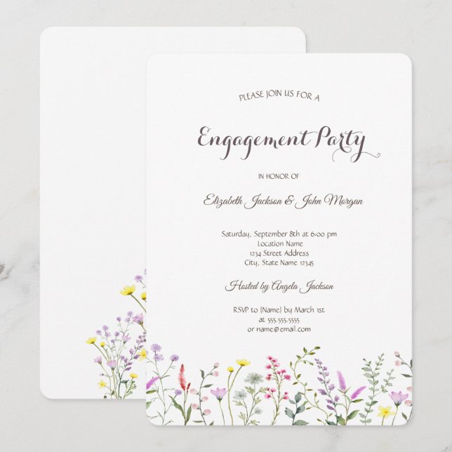 Invitation Fiançailles de fleurs sauvages à l'aquarelle  (Devant / Derrière)