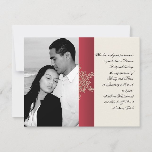 Invitation Fiançailles de Mariage à neige rouge et or (Devant)