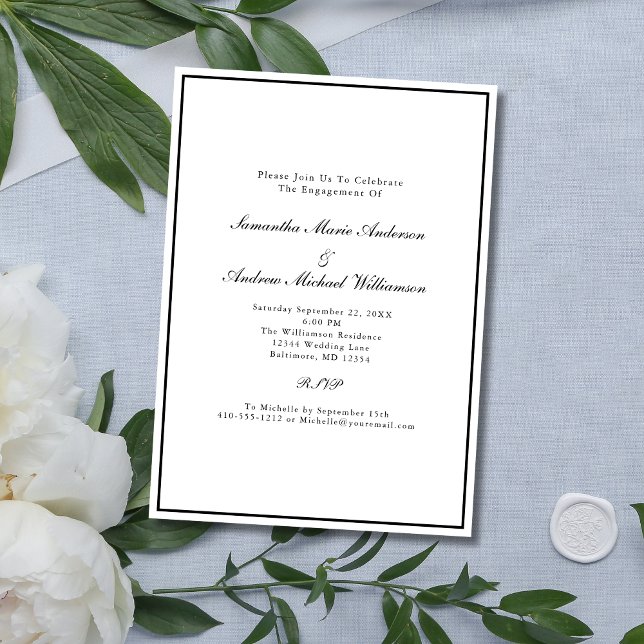 Invitation Fiançailles de mariage classique noir blanc élégan (Black White Traditional Classic Elegant Wedding Engagement Party Invitation)