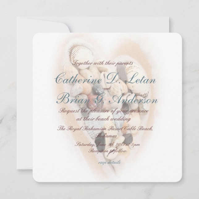 Invitation Fiançailles de mariage Heart of Seashells Beach We (Devant)
