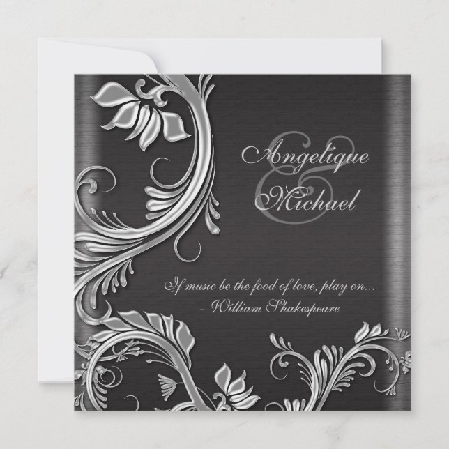 Invitation Fiançailles de mariage noir argenté (Devant)
