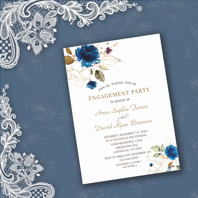 Invitation Fiançailles de monogramme floral en or bleu blanc (Créateur téléchargé)