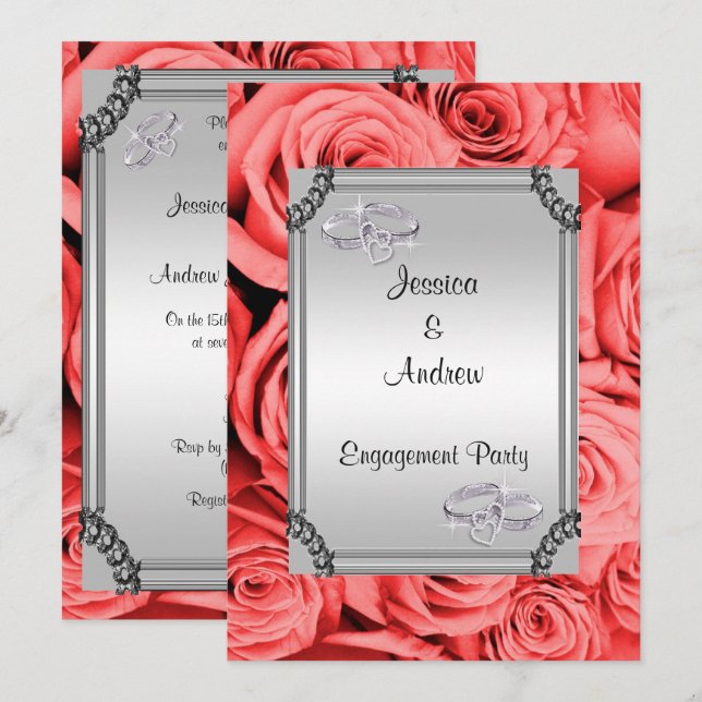 Invitation Fiançailles de Roses Rouges et Bagues de Mariage e (Devant / Derrière)