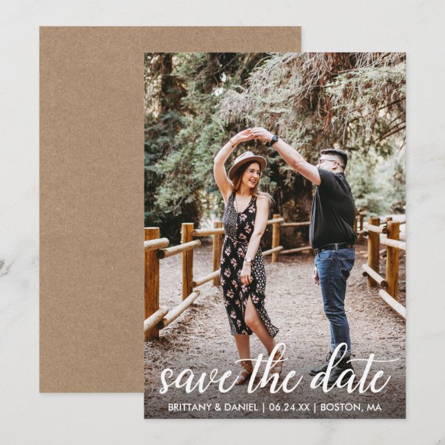 Invitation Fiançailles De Script Moderne Kraft Enregistrer La (Devant / Derrière)