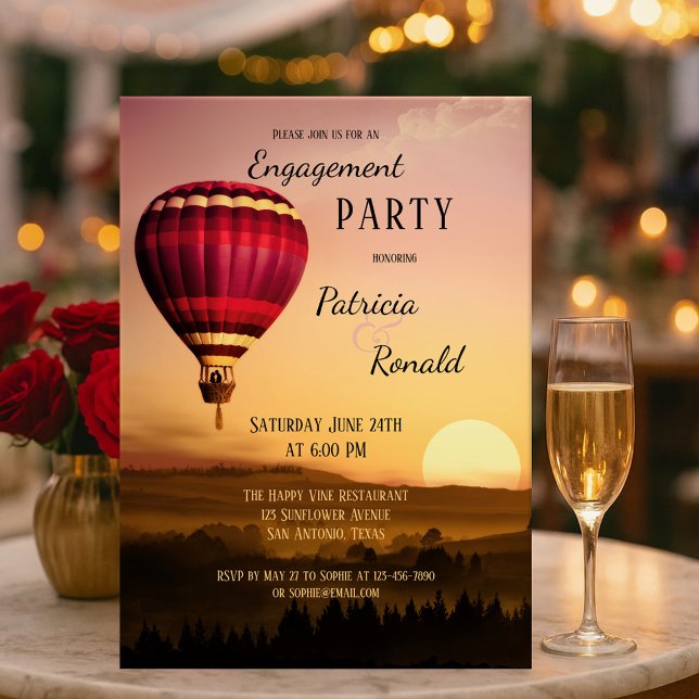 Invitation Fiançailles de Sunset Balloon à air cha (Romantic engagement party invitation featuring a hot air balloon over a dreamy landscape at sunset. )