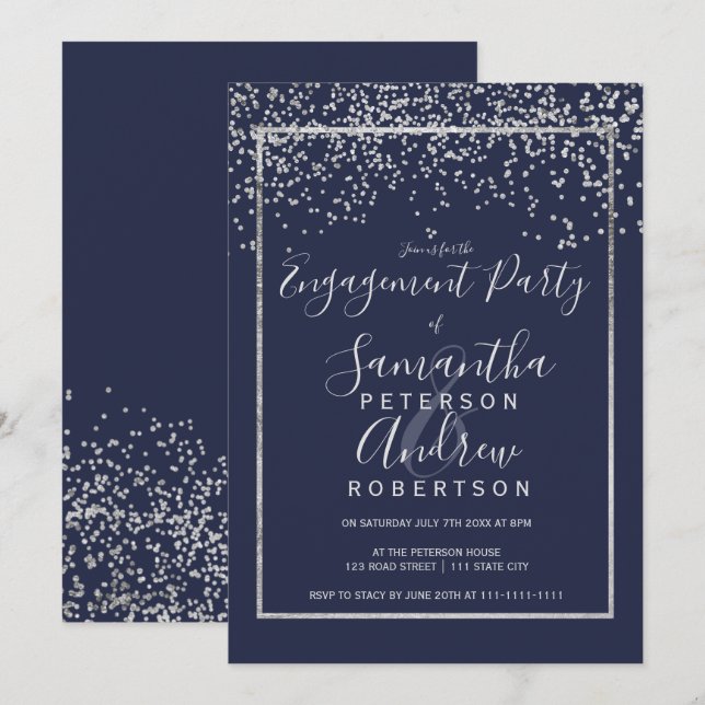 Invitation Fiançailles de typographie bleu marine confetti d' (Devant / Derrière)