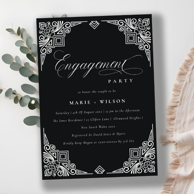 Invitation Fiançailles décoré dans un style Art déco noir et  (Créateur téléchargé)