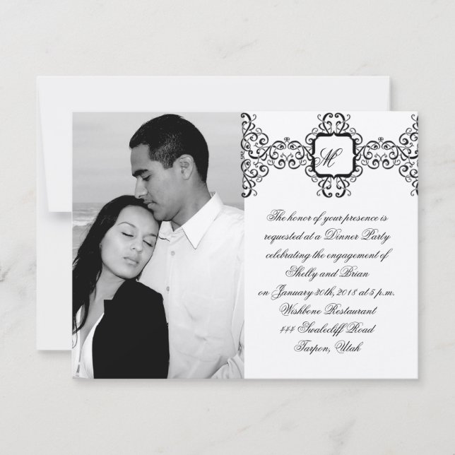 Invitation Fiançailles du monogramme romantique noir (Devant)