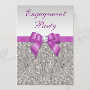 Invitation Fiançailles Faux Silver Sequins Radiant Orchid Bow