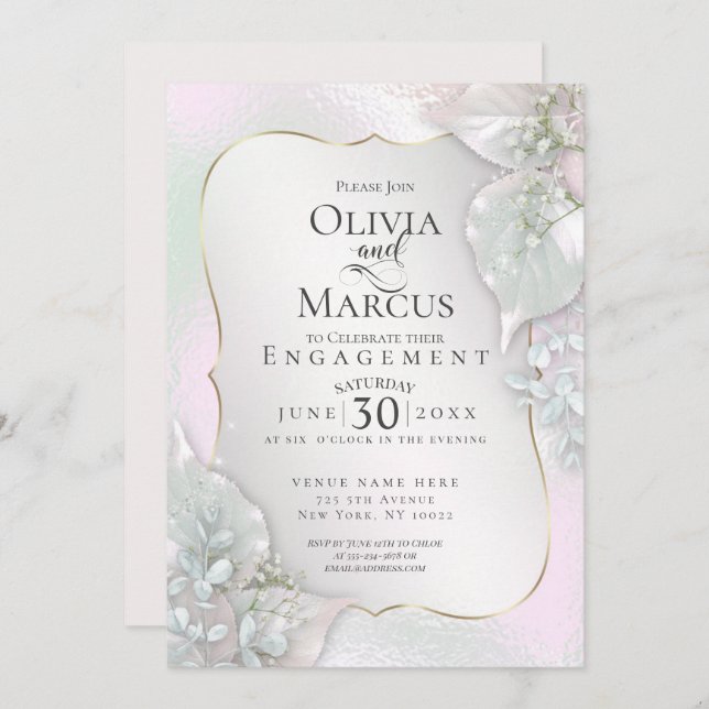 Invitation FIANÇAILLES | Feuilles chatoyants rose vif (Devant / Derrière)