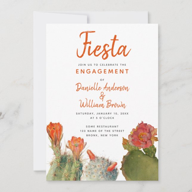 Invitation Fiançailles Fiesta Cactus Fleurs d'aquarelle Scrip (Devant)