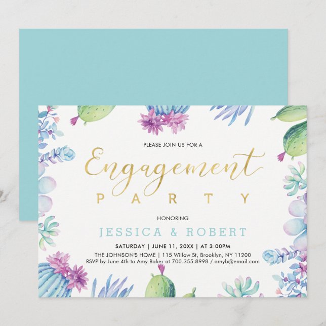 Invitation Fiançailles Fleuris de Succulents et Or Mariage  (Devant / Derrière)
