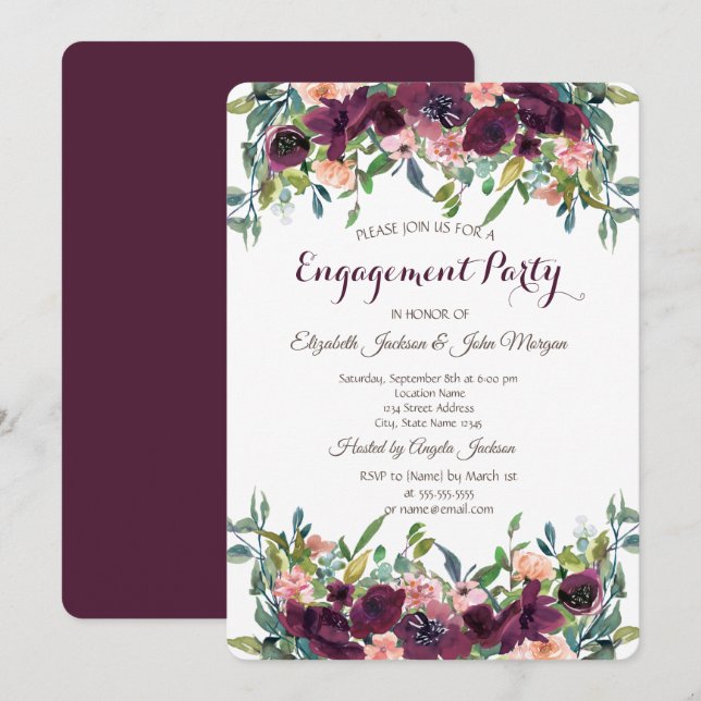 Invitation Fiançailles Fleurs Bourgogne Élégantes (Devant / Derrière)