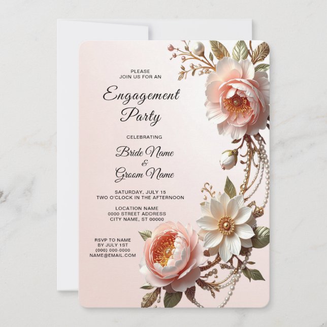 Invitation Fiançailles Fleurs Décoratives Roses et Blanches (Devant)