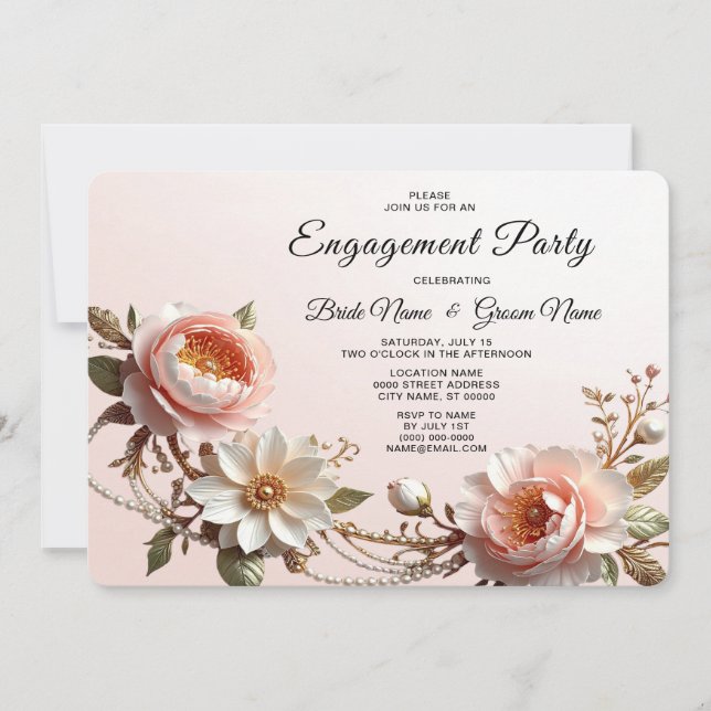 Invitation Fiançailles Fleurs Décoratives Roses et Blanches (Devant)