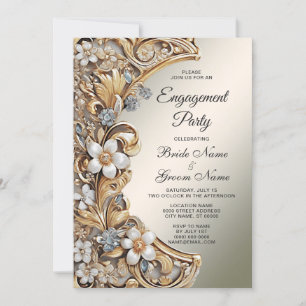 Invitation Fiançailles Floral Blanc Or Décoratif