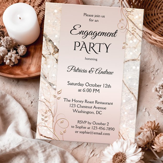 Invitation Fiançailles floral rose rose chic en marbre (Engagement invitation featuring rose gold floral swirls on blush pink and marble )