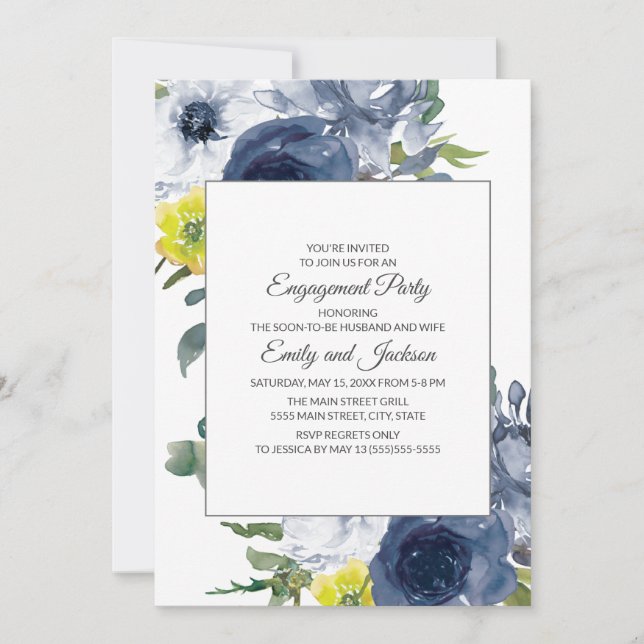 Invitation Fiançailles Florales Bleu Nuit Jaune Blanc (Devant)