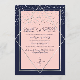 Invitation Fiançailles frontalier Marine Pink Silver Confetti