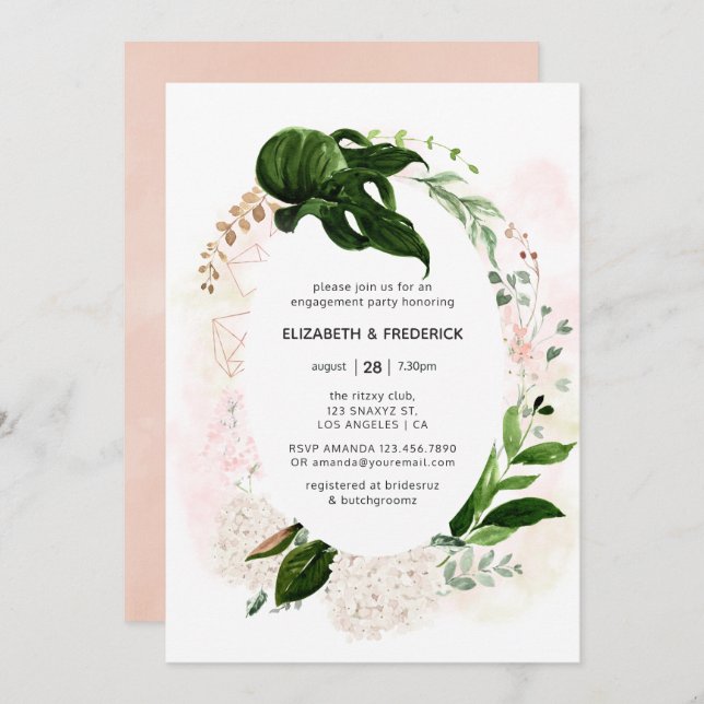 Invitation Fiançailles géométrique rose Gold & Blush (Devant / Derrière)